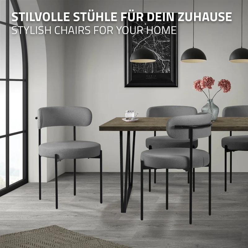 Esszimmerstuhl 2er Set mit Teddystoff mit Rückenlehne Grau Küchenstuhl ML-Design