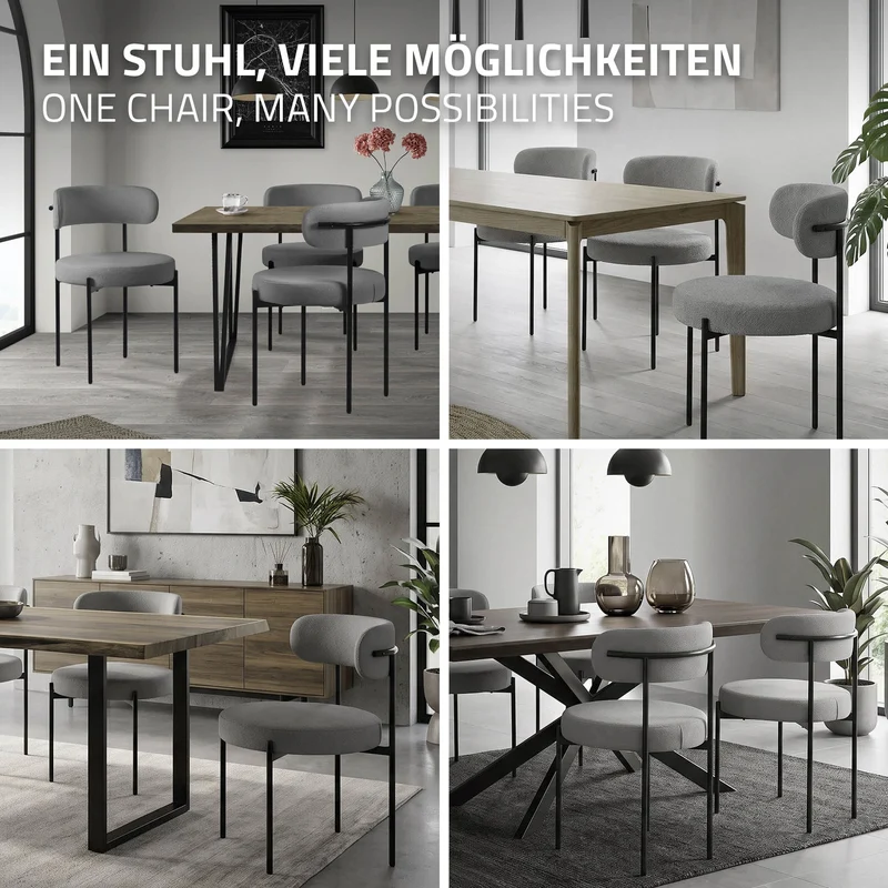 Esszimmerstuhl 2er Set mit Teddystoff mit Rückenlehne Grau Küchenstuhl ML-Design