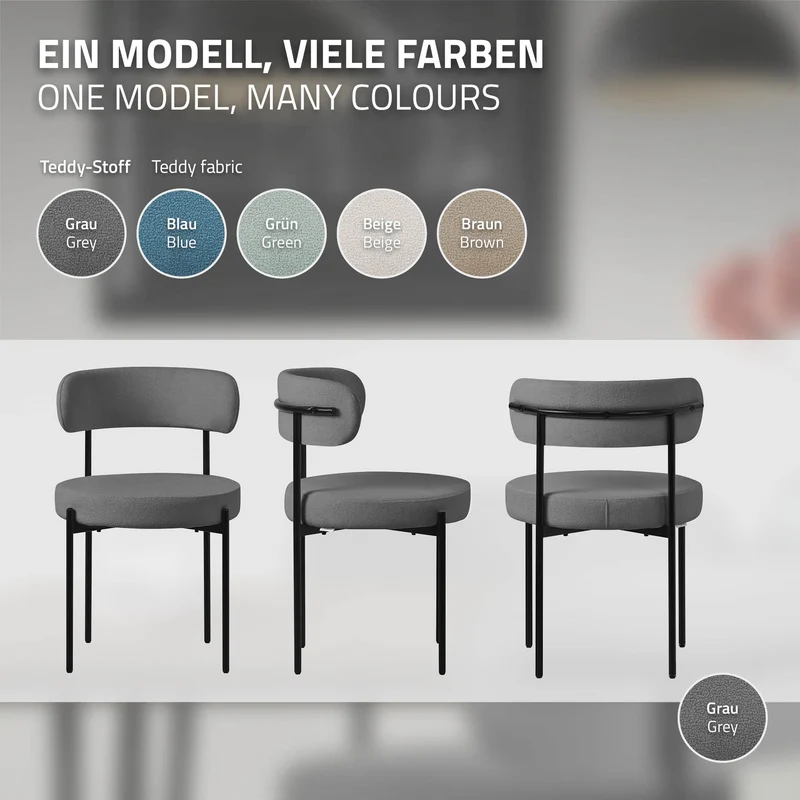 Esszimmerstuhl 2er Set mit Teddystoff mit Rückenlehne Grau Küchenstuhl ML-Design