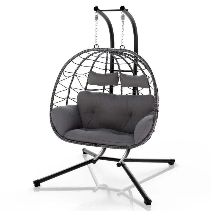 B-Ware Polyrattan Doppelhängesessel Aria für 2 Personen mit Gestell und Kissen grau