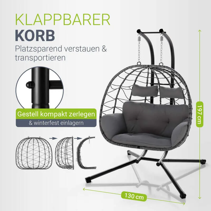 B-Ware Polyrattan Doppelhängesessel Aria für 2 Personen mit Gestell und Kissen grau