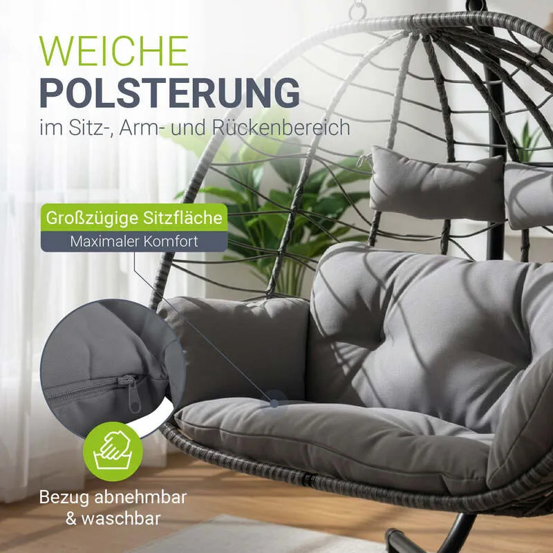 B-Ware Polyrattan Doppelhängesessel Aria für 2 Personen mit Gestell und Kissen grau