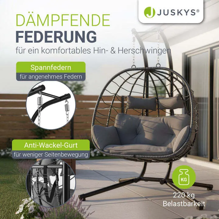 B-Ware Polyrattan Doppelhängesessel Aria für 2 Personen mit Gestell und Kissen grau