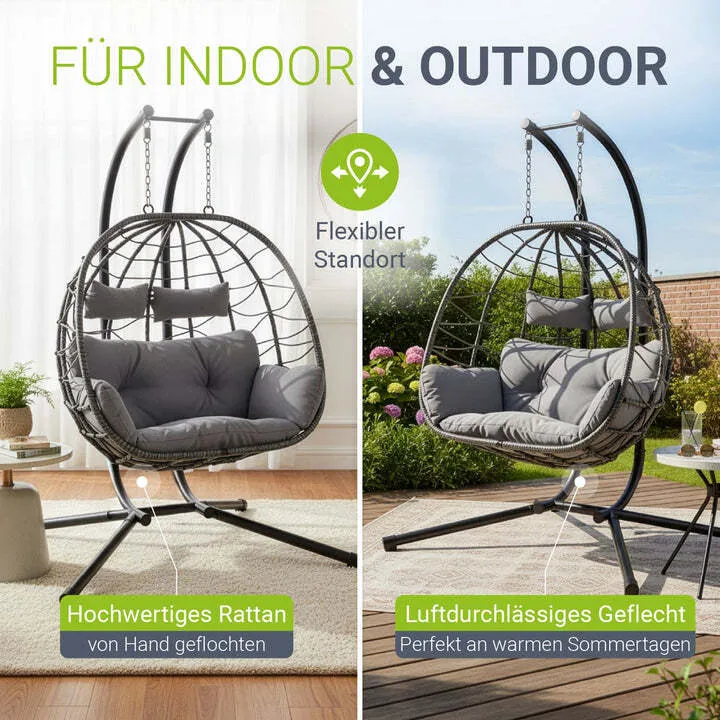 B-Ware Polyrattan Doppelhängesessel Aria für 2 Personen mit Gestell und Kissen grau