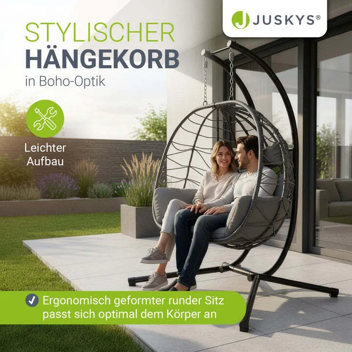 B-Ware Polyrattan Doppelhängesessel Aria für 2 Personen mit Gestell und Kissen grau