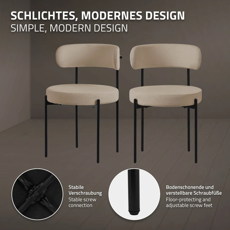 Esszimmerstuhl 2er Set mit Teddystoff mit Rückenlehne Braun Küchenstuhl ML-Design