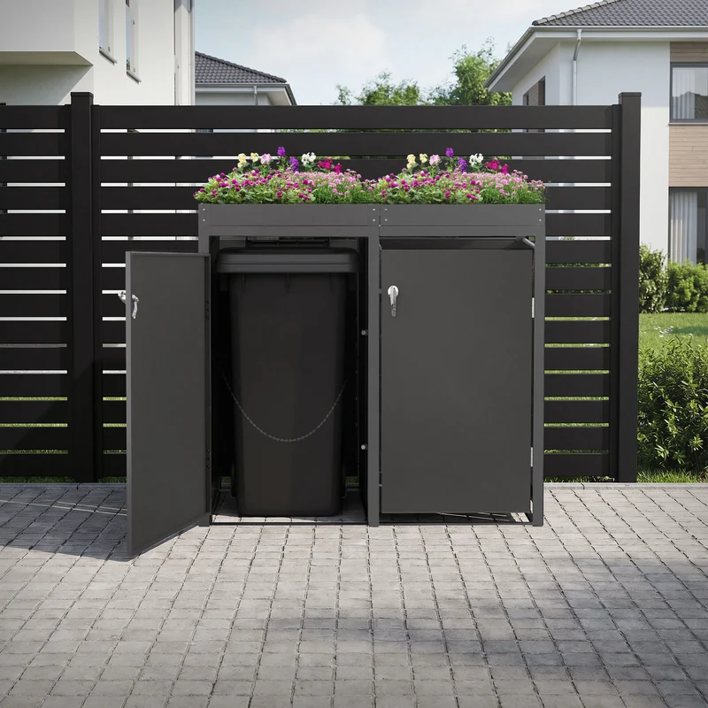 Mülltonnenbox mit Pflanzdach 2er bis 240L 132x80x124 cm aus Stahl in Anthrazit ML-Design