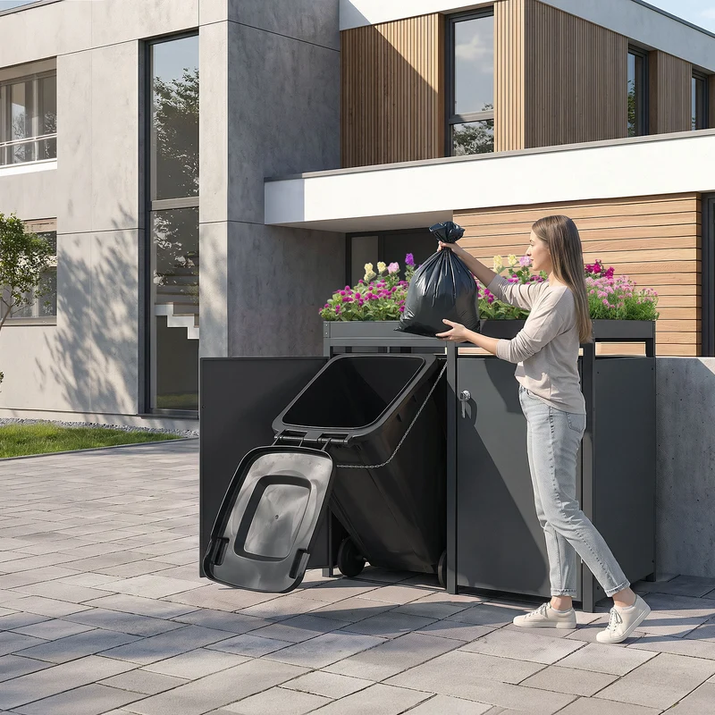 Mülltonnenbox mit Pflanzdach 2er bis 240L 132x80x124 cm aus Stahl in Anthrazit ML-Design