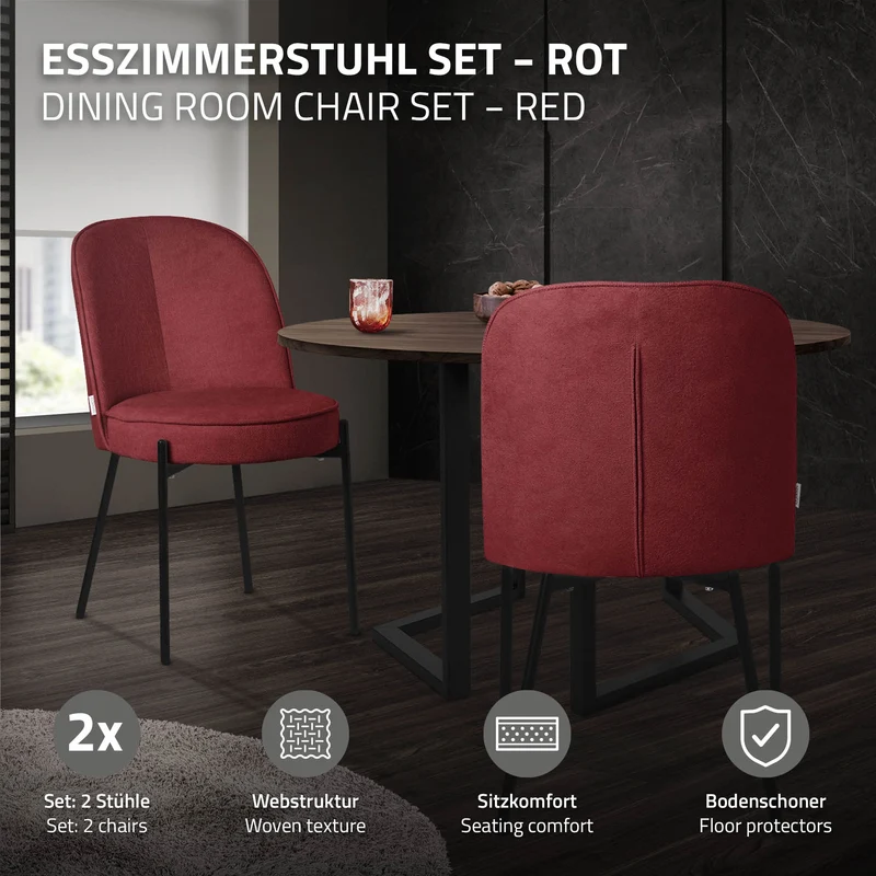 Esszimmerstühle 2er Set Rot mit Rückenlehne, Polsterstühle für Esszimmer & Küche ML-Design