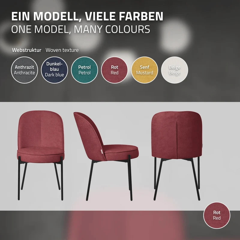 Esszimmerstühle 2er Set Rot mit Rückenlehne, Polsterstühle für Esszimmer & Küche ML-Design