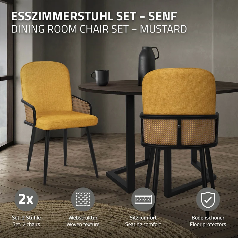 Esszimmerstühle 2er Set Senf mit Arm- & Rückenlehne, Polsterstühle für Esszimmer & Küche ML-Design