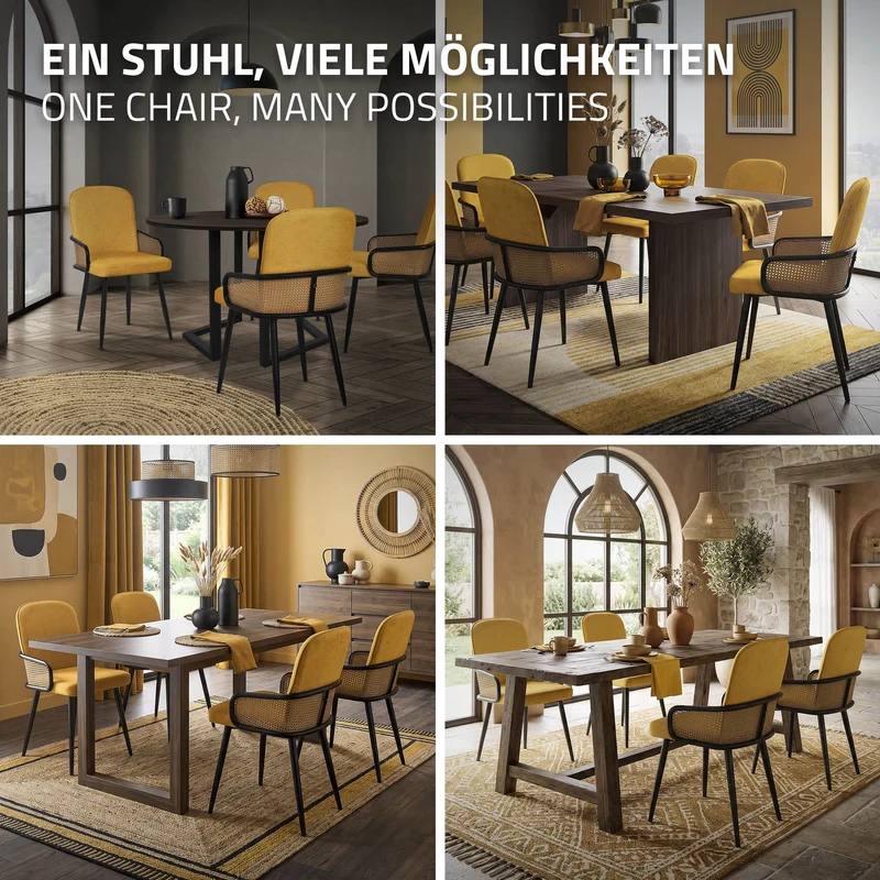 Esszimmerstühle 2er Set Senf mit Arm- & Rückenlehne, Polsterstühle für Esszimmer & Küche ML-Design