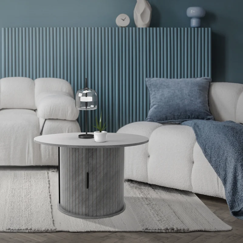 Couchtisch mit Schiebetür Ø80x50 cm Beton-Optik Grau Runder Wohnzimmertisch mit Stauraum ML-Design