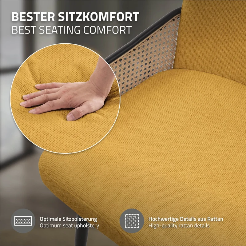 Esszimmerstühle 6er Set Senf mit Arm- & Rückenlehne, Polsterstühle für Esszimmer & Küche ML-Design