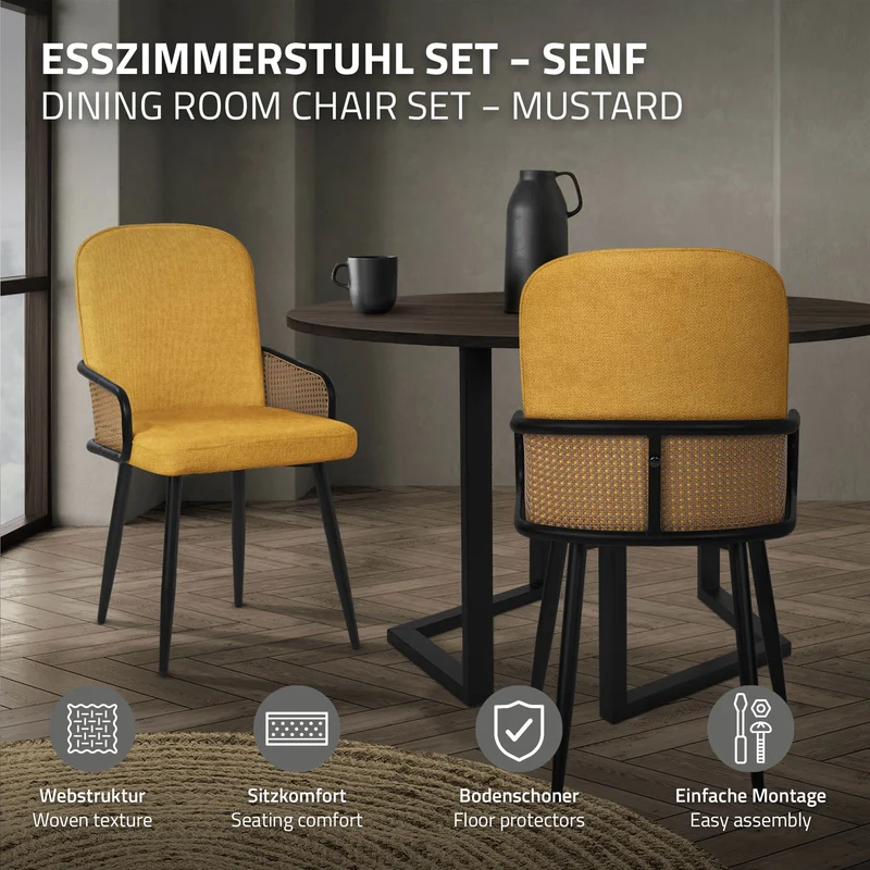 Esszimmerstühle 4er Set Senf mit Arm- & Rückenlehne, Polsterstühle für Esszimmer & Küche ML-Design