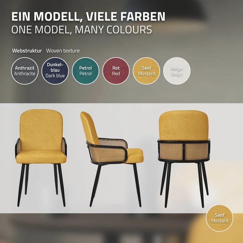 Esszimmerstühle 4er Set Senf mit Arm- & Rückenlehne, Polsterstühle für Esszimmer & Küche ML-Design