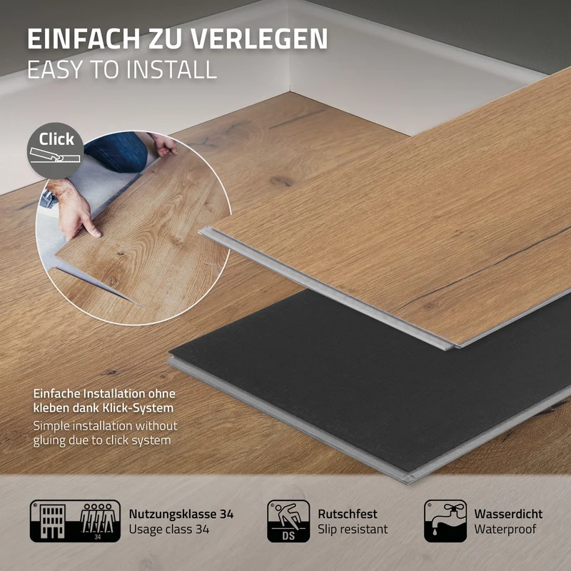 ML-DESIGN | Vinylboden Klick 14 Stück Klicksystem mit Belastungsklasse 34, 122 x 18 cm x 4,2 mm 3,08m² PVC Eiche Rustikal Holzoptik Bodenbelag