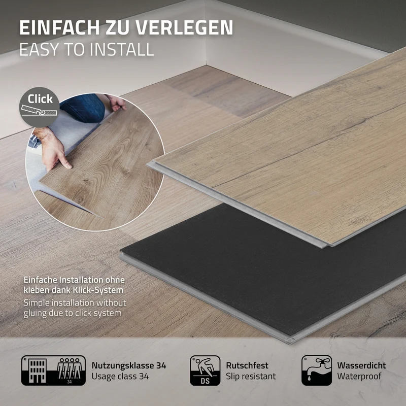 ML-DESIGN | Vinylboden Klick 14 Stück Klicksystem mit Belastungsklasse 34, 122 x 18 cm x 4,2 mm 3,08m² PVC Eiche Rustikal Hell Holzoptik Bodenbelag