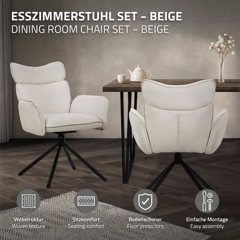 Esszimmerstuhl 4er Set drehbar Beige mit Rücken- und Armlehne bis 120 kg ML-Design