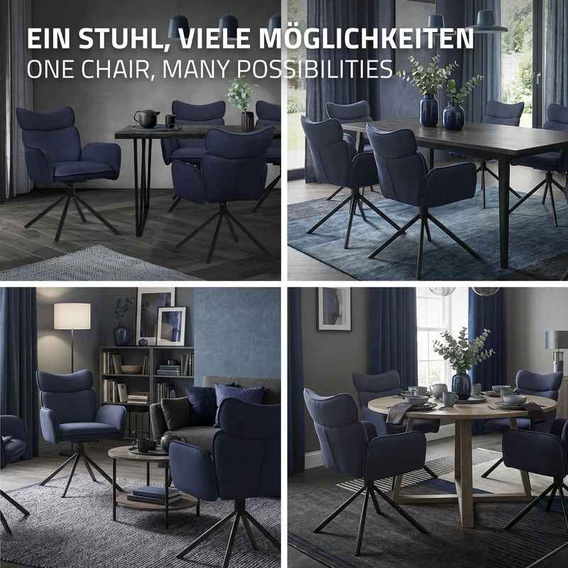 Esszimmerstuhl 2er Set drehbar Dunkelblau mit Rücken- und Armlehne bis 120 kg ML-Design