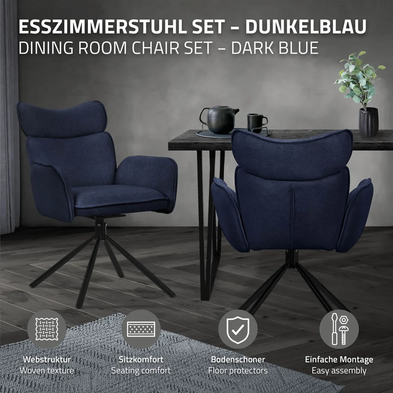 Esszimmerstuhl 4er Set drehbar Dunkelblau mit Rücken- und Armlehne bis 120 kg ML-Design