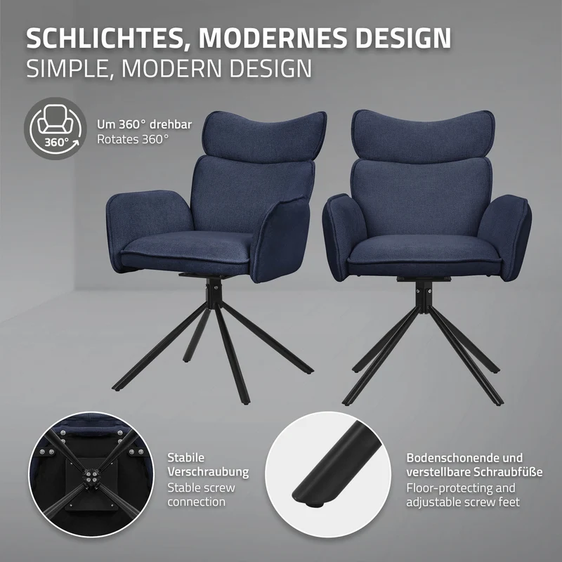 Esszimmerstuhl 4er Set drehbar Dunkelblau mit Rücken- und Armlehne bis 120 kg ML-Design