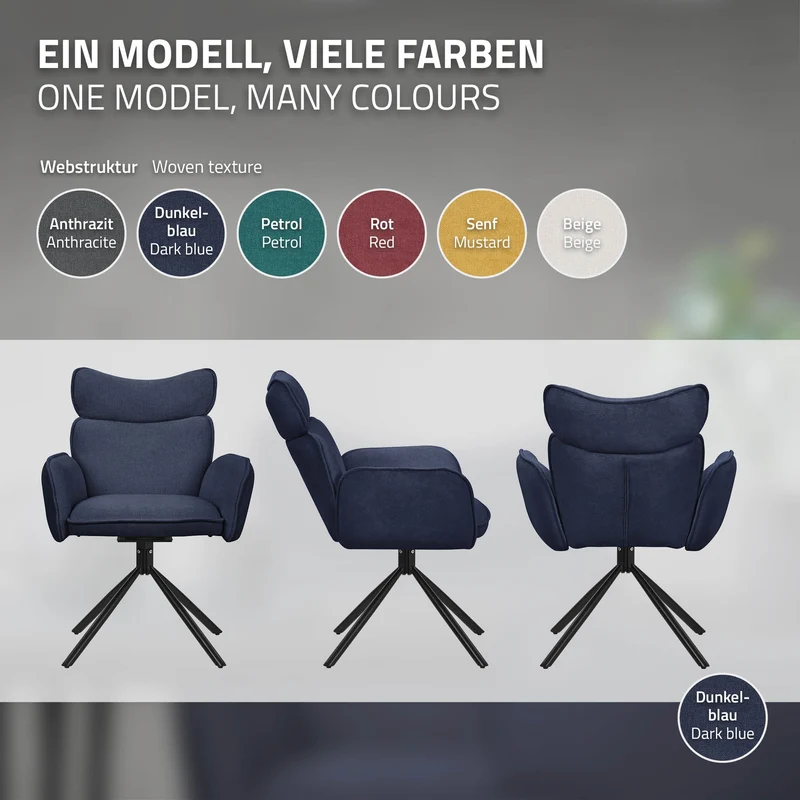 Esszimmerstuhl 4er Set drehbar Dunkelblau mit Rücken- und Armlehne bis 120 kg ML-Design