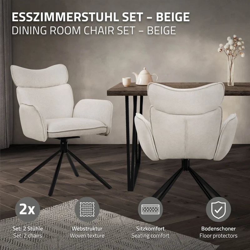 Esszimmerstuhl 2er Set drehbar Beige mit Rücken- und Armlehne bis 120 kg ML-Design