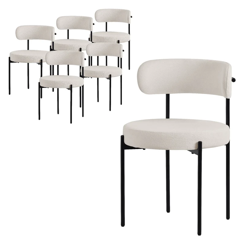 Esszimmerstuhl 6er Set mit Teddystoff mit Rückenlehne Weiß Küchenstuhl ML-Design