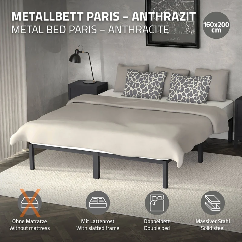 B-Ware Bettgestell Doppelbett 160x200 cm aus Metall in Anthrazit mit Lattenrost ML-Design