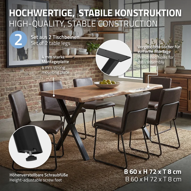ML-DESIGN | Tischbeine 2er Set X-Form mit flaches Profil 60x72 cm aus Stahl Schwarz Tischgestell Tischfüße Tischkufen für Esstisch & Schreibtisch