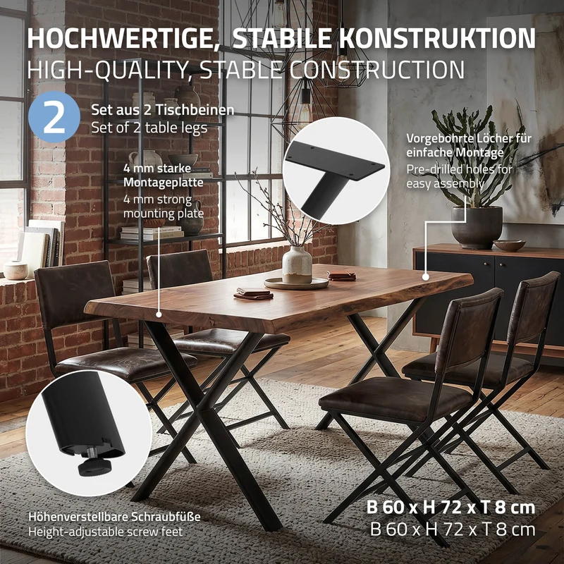 ML-DESIGN | Tischbeine 2er Set X-Form mit ovalem Profil 60x72 cm aus Stahl Schwarz Tischgestell Tischfüße Tischkufen für Esstisch & Schreibtisch