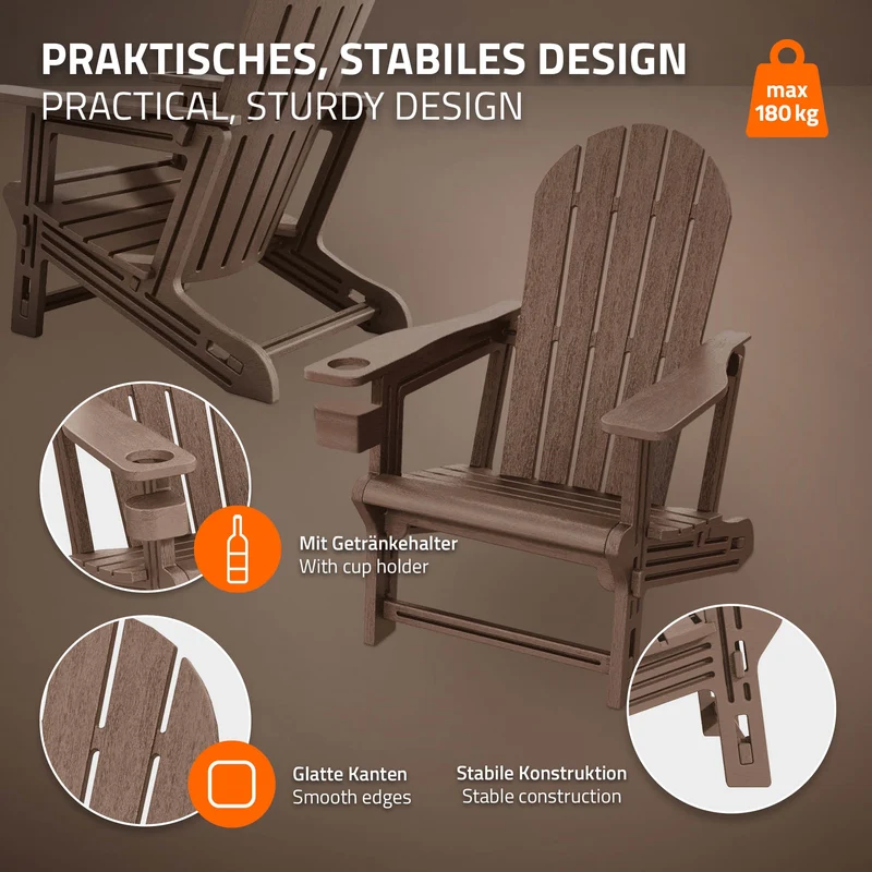 Gartenstuhl Adirondack Stuhl Sonnenstuhl wetterfest aus HDPE Kunststoff bis 180 kg Braun Gartensessel ML-Design
