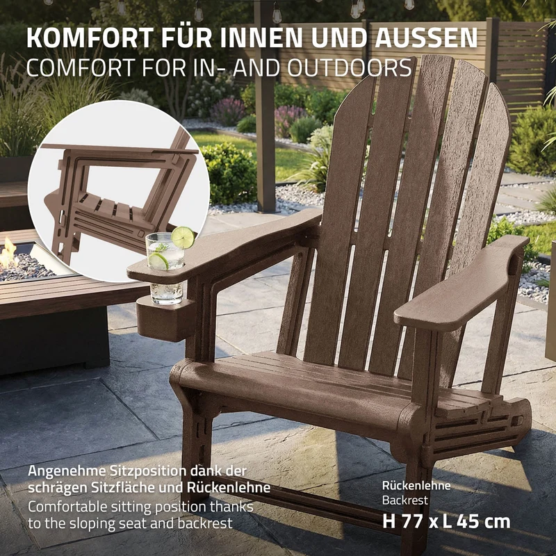 Gartenstuhl Adirondack Stuhl Sonnenstuhl wetterfest aus HDPE Kunststoff bis 180 kg Braun Gartensessel ML-Design