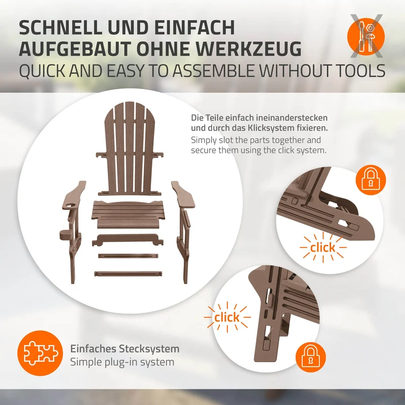 Gartenstuhl Adirondack Stuhl Sonnenstuhl wetterfest aus HDPE Kunststoff bis 180 kg Braun Gartensessel ML-Design
