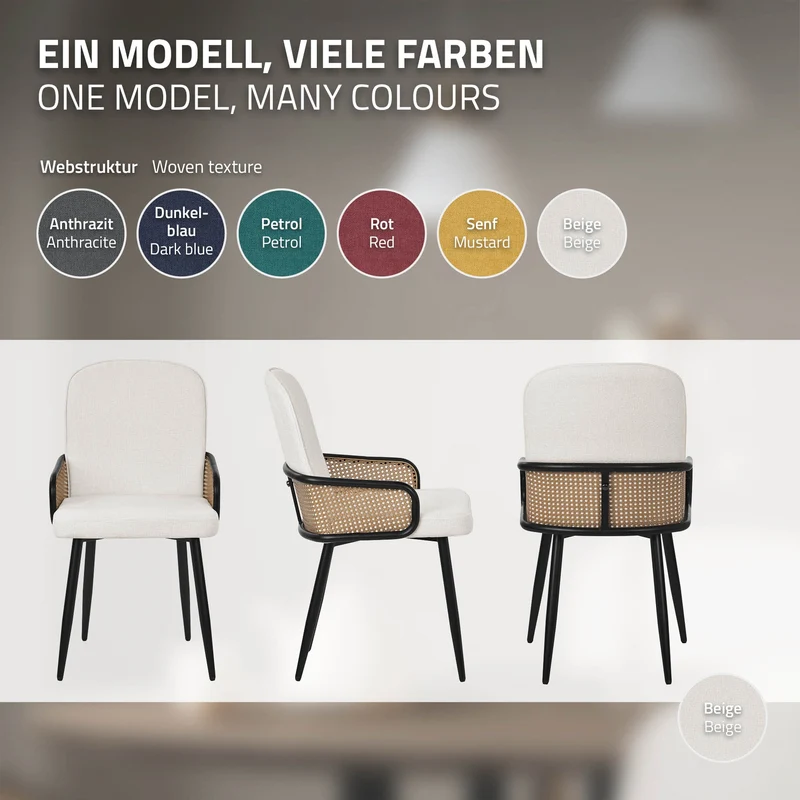 Esszimmerstühle 2er Set Beige mit Arm- & Rückenlehne, Polsterstühle für Esszimmer & Küche ML-Design