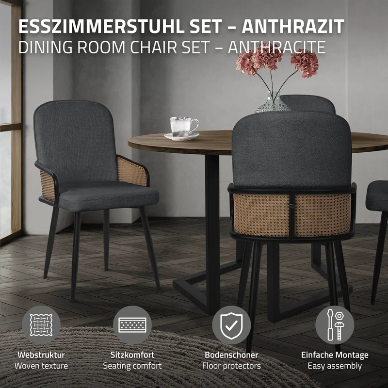 Esszimmerstühle 4er Set Anthrazit mit Arm- & Rückenlehne, Polsterstühle für Esszimmer & Küche ML-Design