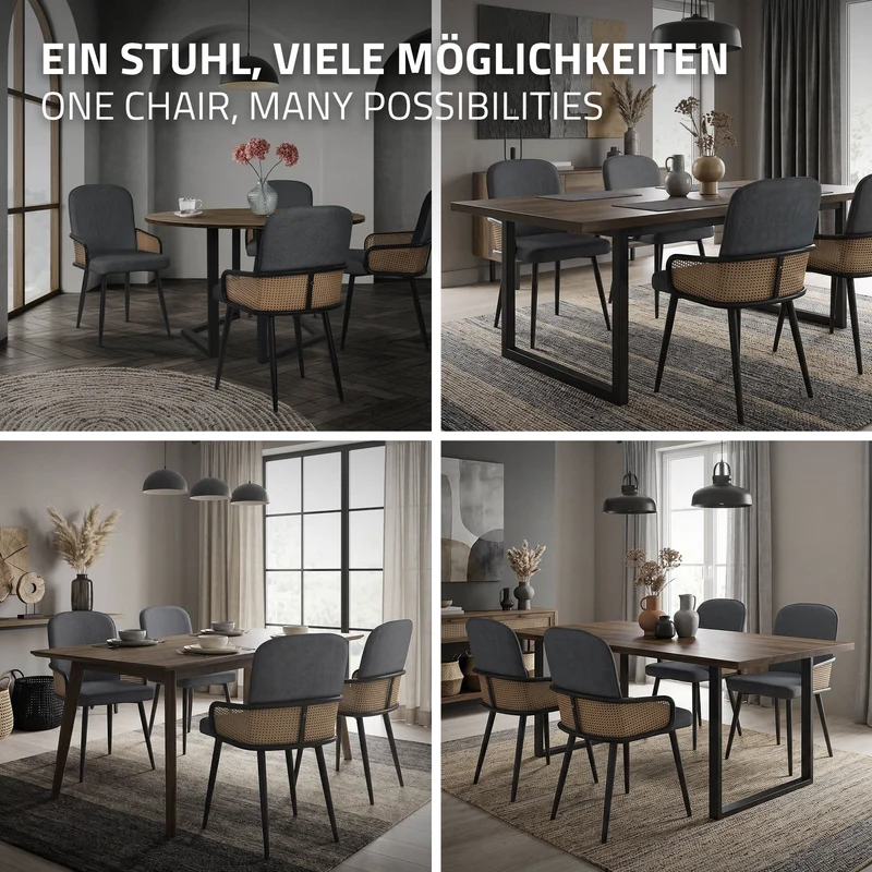 Esszimmerstühle 4er Set Anthrazit mit Arm- & Rückenlehne, Polsterstühle für Esszimmer & Küche ML-Design