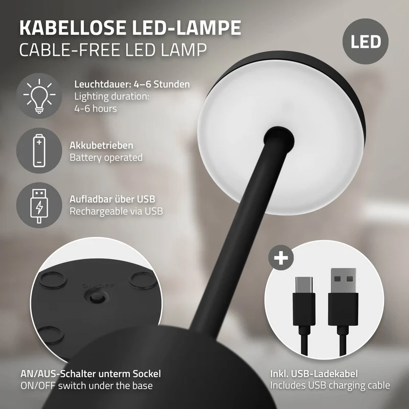 ML-Design | LED Tischlampe kabellos mit Touch, Akku & USB-C, Ø8x34,5cm, Tischleuchte Schreibtischlampe Leselampe LED Lampe