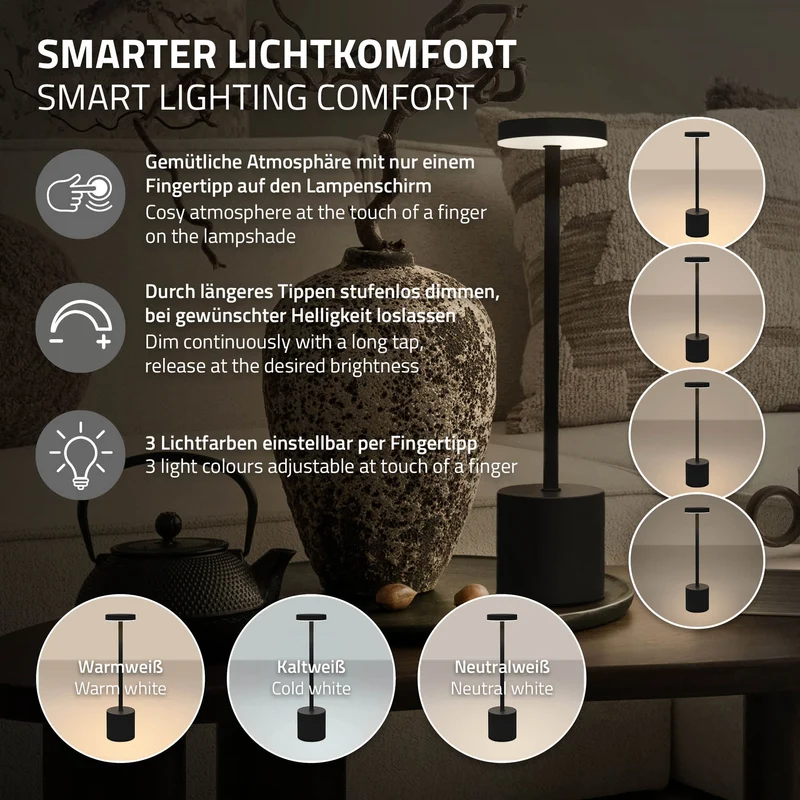 ML-Design | LED Tischlampe kabellos mit Touch, Akku & USB-C, Ø8x34,5cm, Tischleuchte Schreibtischlampe Leselampe LED Lampe