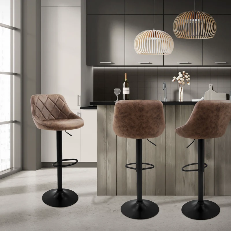 4er Set Barhocker Braun Kunstlederbezug mit Rückenlehne und Fußstütze höhenverstellbar 62-82 cm ML-Design