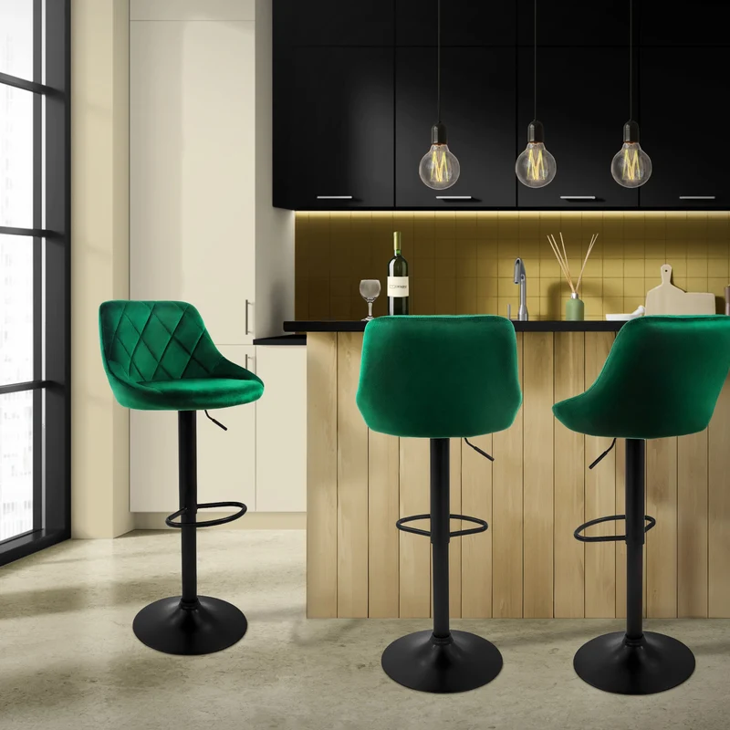 Barhocker 2er Set Grün Samtbezug mit Rückenlehne und Fußstütze höhenverstellbar 62-82cm ML-Design