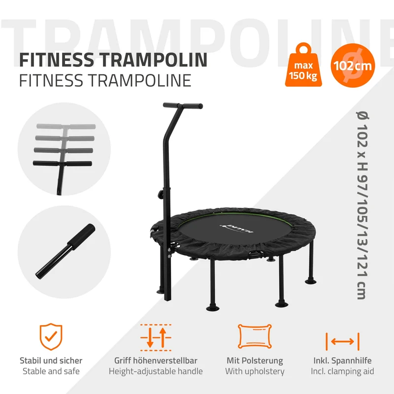 HAUKI | Trampolin mit höhenverstellbarer Haltegriff, Ø102/122 cm, aus Stahl Schwarz-Grün bis 150kg, Bodentrampolin für Zuhause