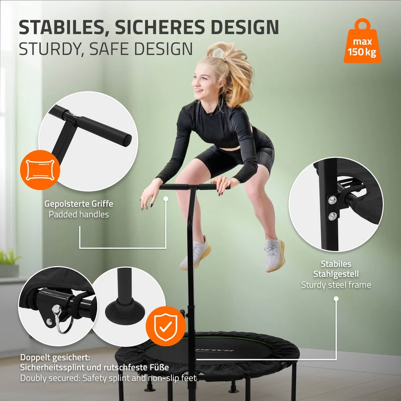 HAUKI | Trampolin mit höhenverstellbarer Haltegriff, Ø102/122 cm, aus Stahl Schwarz-Grün bis 150kg, Bodentrampolin für Zuhause