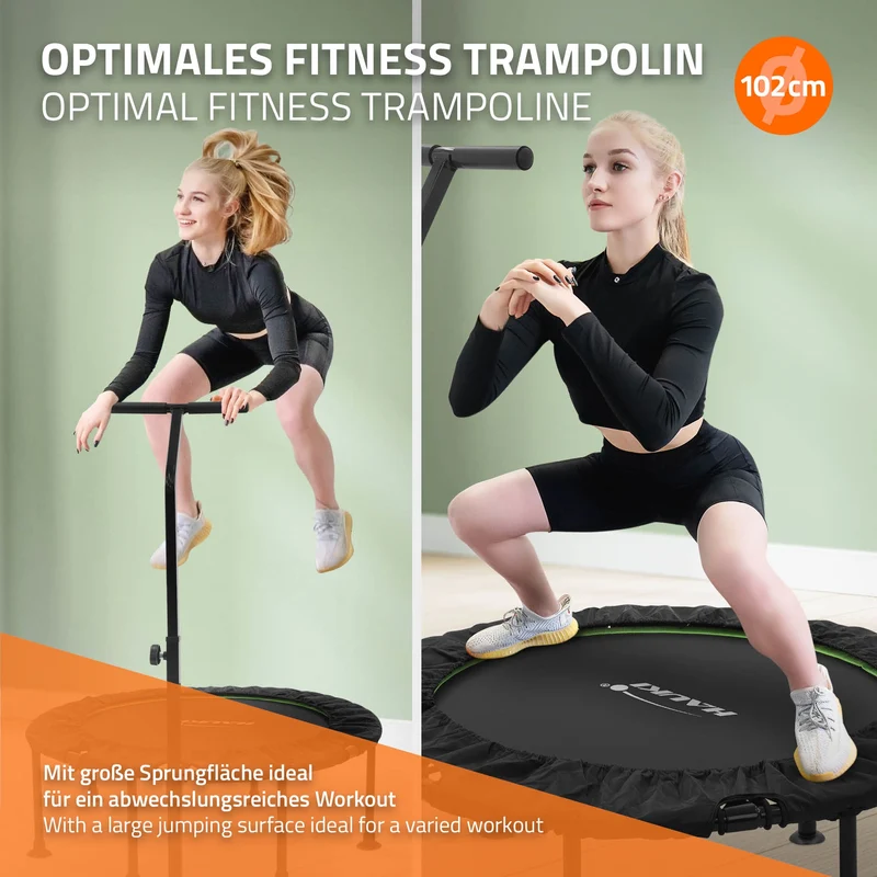HAUKI | Trampolin mit höhenverstellbarer Haltegriff, Ø102/122 cm, aus Stahl Schwarz-Grün bis 150kg, Bodentrampolin für Zuhause