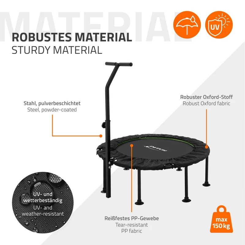 HAUKI | Trampolin mit höhenverstellbarer Haltegriff, Ø102/122 cm, aus Stahl Schwarz-Grün bis 150kg, Bodentrampolin für Zuhause