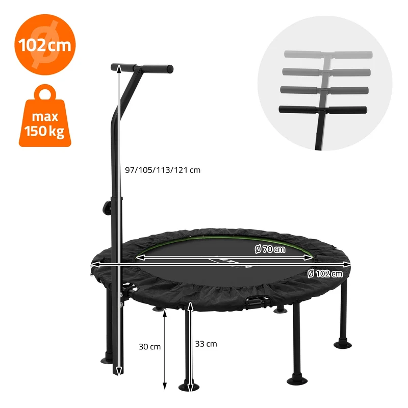 HAUKI | Trampolin mit höhenverstellbarer Haltegriff, Ø102/122 cm, aus Stahl Schwarz-Grün bis 150kg, Bodentrampolin für Zuhause