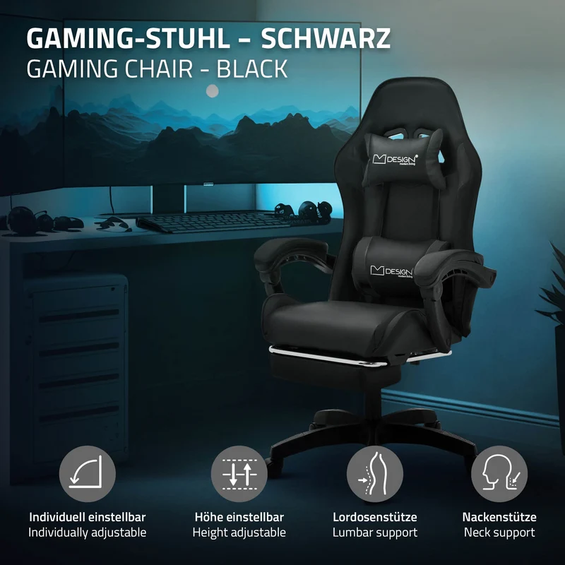 ML-Design | Gaming Stuhl mit Fußstütze, Kopfstütze und Armlehne, 62x109–119x62 cm, aus Kunstleder, Drehstuhl, Bürostuhl