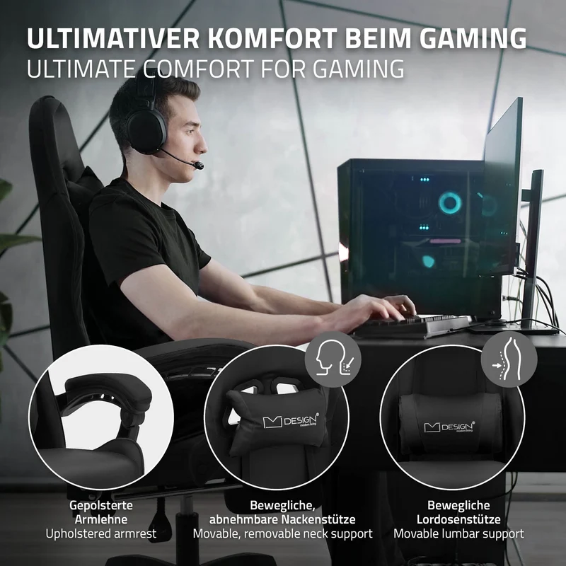 ML-Design | Gaming Stuhl mit Fußstütze, Kopfstütze und Armlehne, 62x109–119x62 cm, aus Kunstleder, Drehstuhl, Bürostuhl
