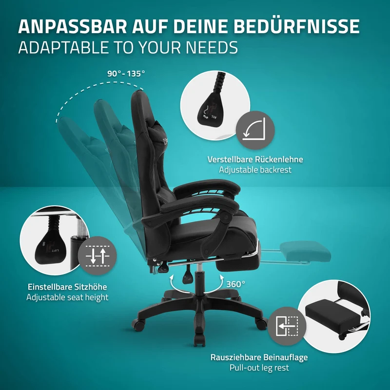 ML-Design | Gaming Stuhl mit Fußstütze, Kopfstütze und Armlehne, 62x109–119x62 cm, aus Kunstleder, Drehstuhl, Bürostuhl